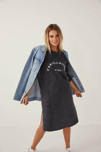 CARTEL AND WILLOW_ALEXIS LONG SLEEVE DRESS CHARCOAL STONEWASH _ _ Ebony Boutique NZ