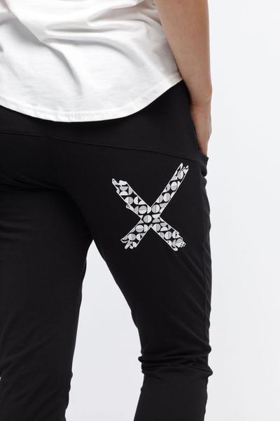HOME-LEE_APARTMENT PANTS BLACK WITH BLACK AND WHITE CUT CIRCLE X _ _ Ebony Boutique NZ