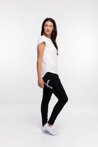 HOME-LEE_APARTMENT PANTS BLACK WITH BLACK AND WHITE CUT CIRCLE X _ _ Ebony Boutique NZ
