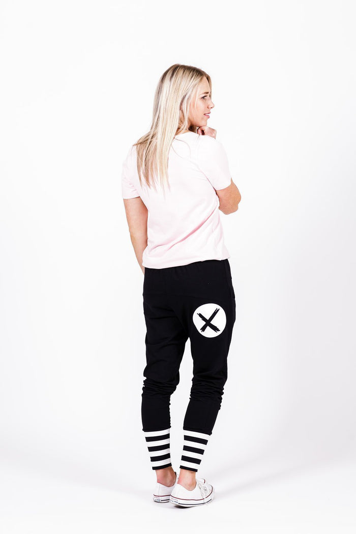 HOME-LEE_APARTMENT PANTS BLACK WITH WHITE PRINT & STRIPED CUFF _ _ Ebony Boutique NZ