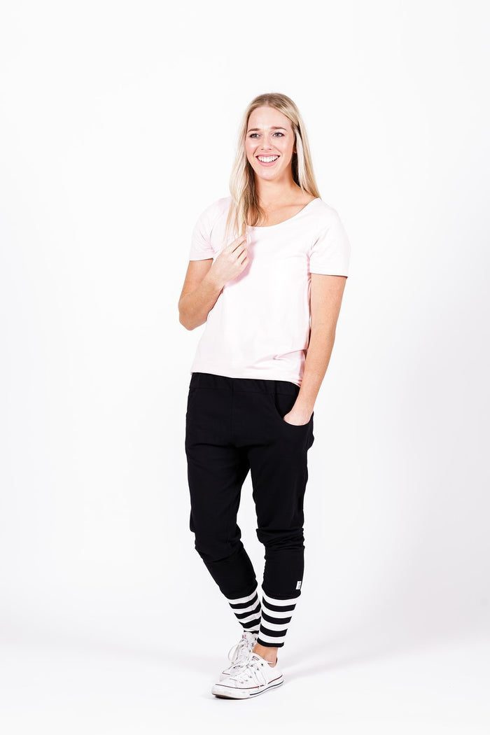 HOME-LEE_APARTMENT PANTS BLACK WITH WHITE PRINT & STRIPED CUFF _ _ Ebony Boutique NZ