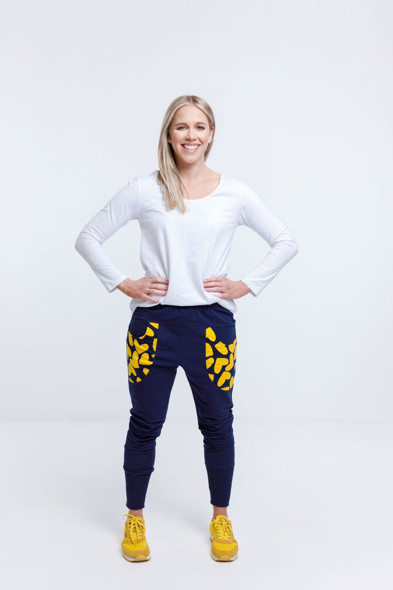 HOME-LEE_APARTMENT PANTS EVENING BLUE WITH YELLOW HEART PRINT POCKET DETAIL _ _ Ebony Boutique NZ