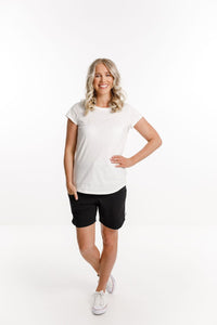 HOME-LEE_APARTMENT SHORTS BLACK WITH WHITE PRINT _ _ Ebony Boutique NZ