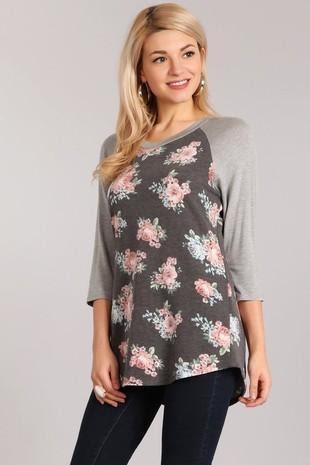 CHRIS AND CAROL_BASEBALL TEE FRENCH TERRY PLAIN SLEEVE FLORAL BODY _ _ Ebony Boutique NZ