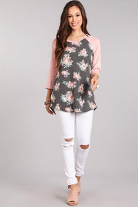 CHRIS AND CAROL_BASEBALL TEE FRENCH TERRY PLAIN SLEEVE FLORAL BODY _ _ Ebony Boutique NZ