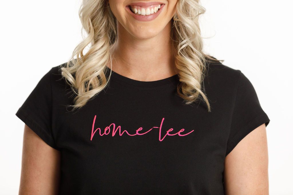 HOME-LEE_BASIC TEE BLACK WITH PINK EMBROIDERED LOGO _ _ Ebony Boutique NZ