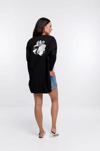 HOME-LEE_BATWING CARDI BLACK WITH FLORAL PLACEMENT PRINT _ _ Ebony Boutique NZ