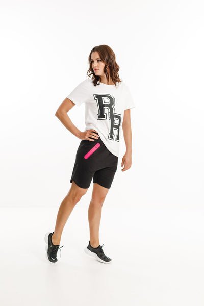 ROSE ROAD_BLAIR SHORTS BLACK WITH NEON PINK PRESSURE ZIPPERS _ _ Ebony Boutique NZ