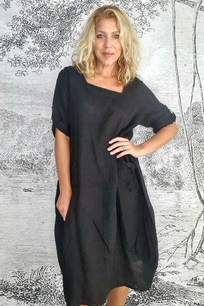 HELGA MAY_BUTTON SLEEVE LINEN MAXI DRESS PLAIN BLACK _ _ Ebony Boutique NZ