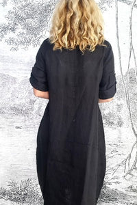 HELGA MAY_BUTTON SLEEVE LINEN MAXI DRESS PLAIN BLACK _ _ Ebony Boutique NZ