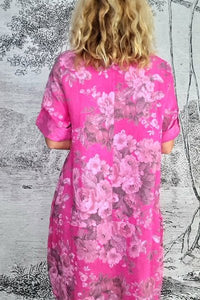 HELGA MAY_BUTTON SLEEVE LINEN MAXI DRESS SCARLETT ROSE HOT PINK _ _ Ebony Boutique NZ