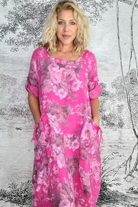 HELGA MAY_BUTTON SLEEVE LINEN MAXI DRESS SCARLETT ROSE HOT PINK _ _ Ebony Boutique NZ