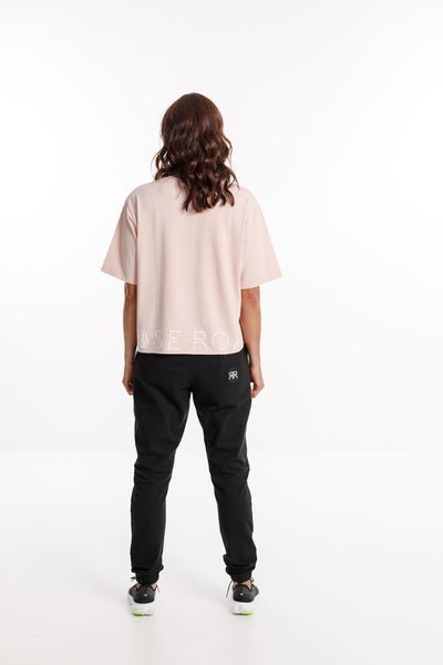 ROSE ROAD_CROPPED TEE PEACH WITH ROSE ROAD LOGO _ _ Ebony Boutique NZ