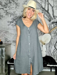 HELGA MAY_CROWN FRONT BUTTON DRESS GREY _ _ Ebony Boutique NZ