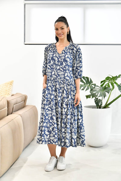 CALI & CO_DRAWSTRING SLEEVED LAYERED COTTON FLORAL DRESS NAVY _ _ Ebony Boutique NZ