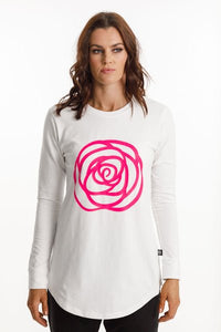 ROSE ROAD_HARPER LONG SLEEVE TEE WHITE WITH NEON PINK ROSE _ _ Ebony Boutique NZ