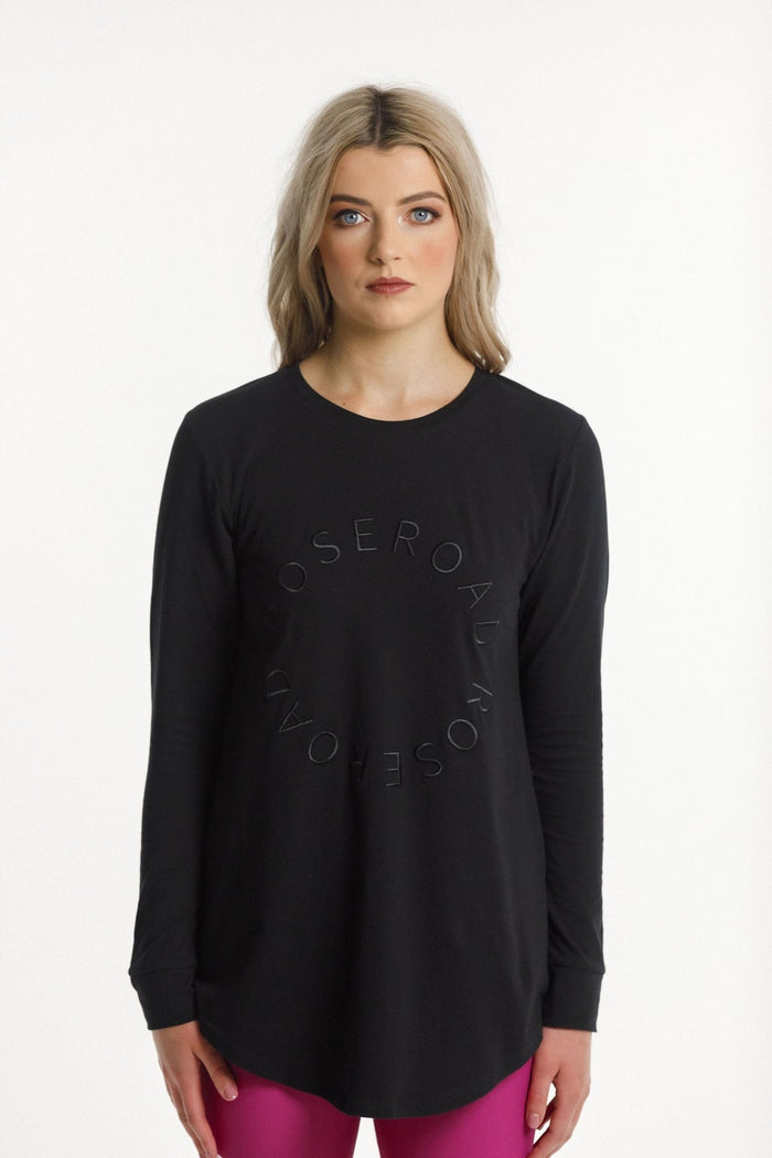 ROSE ROAD_HARPER LONGSLEEVE TEE BLACK WITH EMBROIDERED PRINT _ _ Ebony Boutique NZ