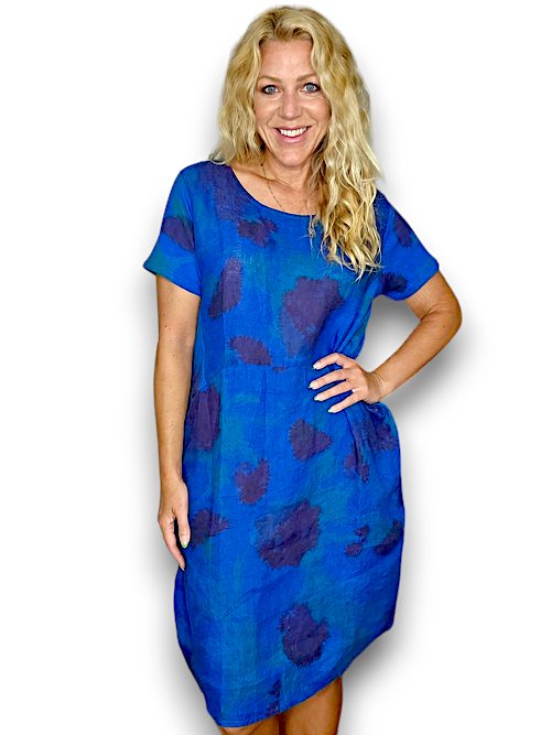 HELGA MAY_JUNGLE DRESS LINEN THISTLE IN RED COBALT _ JUNGLE DRESS LINEN THISTLE IN RED COBALT _ Ebony Boutique NZ