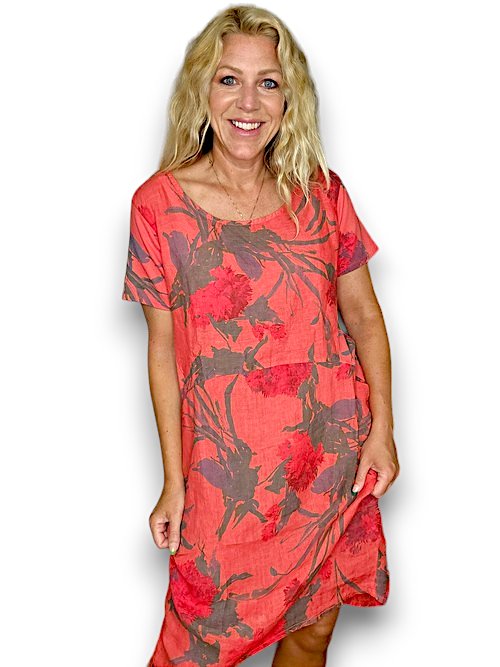 HELGA MAY_JUNGLE DRESS LINEN THISTLE IN RED CORAL _ JUNGLE DRESS LINEN THISTLE IN RED CORAL _ Ebony Boutique NZ