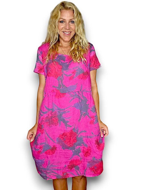 HELGA MAY_JUNGLE DRESS LINEN THISTLE IN RED HOT PINK _ JUNGLE DRESS LINEN THISTLE IN RED HOT PINK _ Ebony Boutique NZ