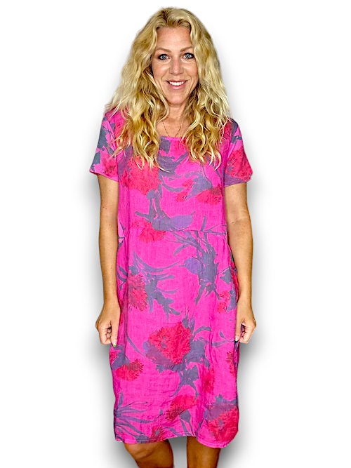 HELGA MAY_JUNGLE DRESS LINEN THISTLE IN RED HOT PINK _ JUNGLE DRESS LINEN THISTLE IN RED HOT PINK _ Ebony Boutique NZ