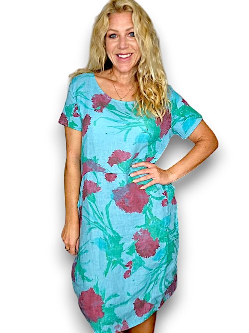 HELGA MAY_JUNGLE DRESS LINEN THISTLE IN RED LIGHT TURQUOISE _ JUNGLE DRESS LINEN THISTLE IN RED LIGHT TURQUOISE _ Ebony Boutique NZ