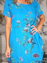 HELGA MAY_JUNGLE DRESS LINEN THORN ROSE BLOSSOM SKY BLUE _ JUNGLE DRESS LINEN THORN ROSE BLOSSOM SKY BLUE _ Ebony Boutique NZ
