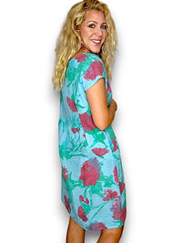HELGA MAY_KENNEDY DRESS THISTLE IN RED LIGHT TURQUOISE _ KENNEDY DRESS THISTLE IN RED LIGHT TURQUOISE _ Ebony Boutique NZ