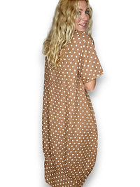 HELGA MAY_MID SLEEVE LINEN MAXI DRESS POLKA DOT CARAMEL _ MID SLEEVE LINEN MAXI DRESS POLKA DOT CARAMEL _ Ebony Boutique NZ