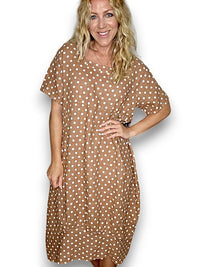 HELGA MAY_MID SLEEVE LINEN MAXI DRESS POLKA DOT CARAMEL _ MID SLEEVE LINEN MAXI DRESS POLKA DOT CARAMEL _ Ebony Boutique NZ