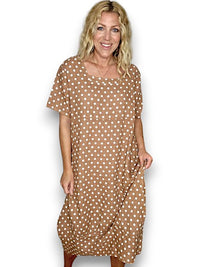 HELGA MAY_MID SLEEVE LINEN MAXI DRESS POLKA DOT CARAMEL _ MID SLEEVE LINEN MAXI DRESS POLKA DOT CARAMEL _ Ebony Boutique NZ