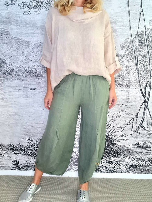 HELGA MAY_MINI BUTTON LINEN PANTS FOREST _ MINI BUTTON LINEN PANTS FOREST _ Ebony Boutique NZ