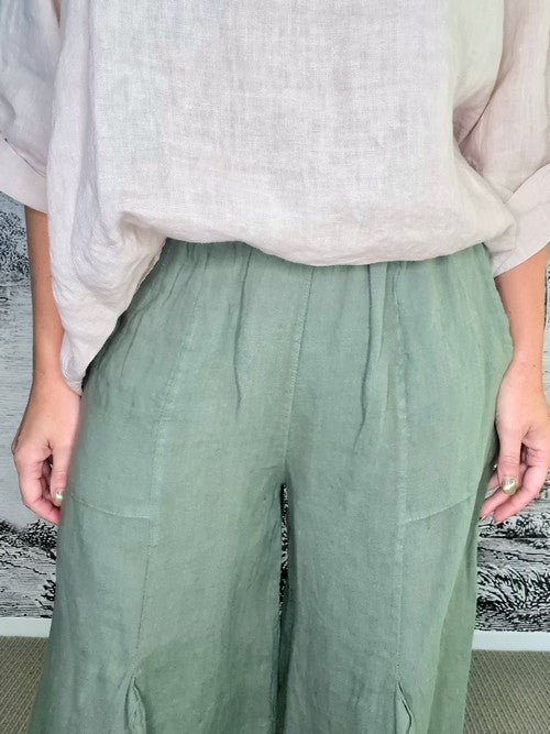 HELGA MAY_MINI BUTTON LINEN PANTS FOREST _ MINI BUTTON LINEN PANTS FOREST _ Ebony Boutique NZ