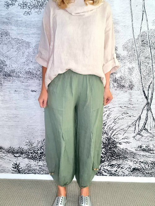 HELGA MAY_MINI BUTTON LINEN PANTS FOREST _ MINI BUTTON LINEN PANTS FOREST _ Ebony Boutique NZ