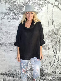 HELGA MAY_MOKU TAB SLEEVE TOP LINEN BLACK _ MOKU TAB SLEEVE TOP LINEN BLACK _ Ebony Boutique NZ