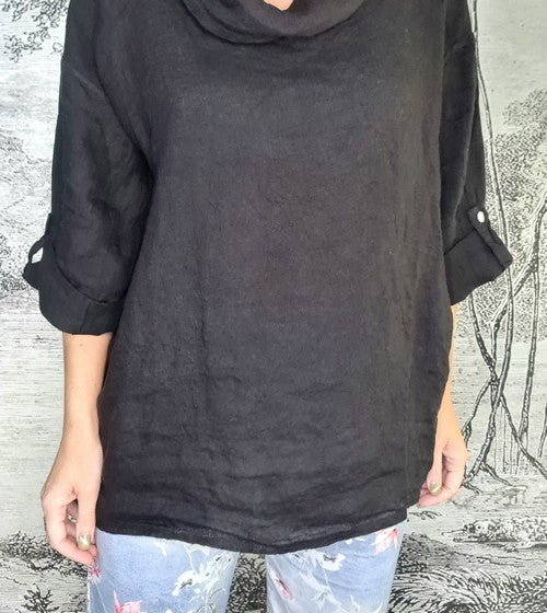 HELGA MAY_MOKU TAB SLEEVE TOP LINEN BLACK _ MOKU TAB SLEEVE TOP LINEN BLACK _ Ebony Boutique NZ