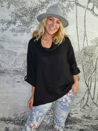 HELGA MAY_MOKU TAB SLEEVE TOP LINEN BLACK _ MOKU TAB SLEEVE TOP LINEN BLACK _ Ebony Boutique NZ