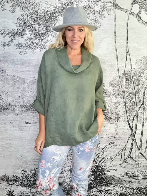 HELGA MAY_MOKU TAB SLEEVE TOP LINEN FOREST _ MOKU TAB SLEEVE TOP LINEN FOREST _ Ebony Boutique NZ