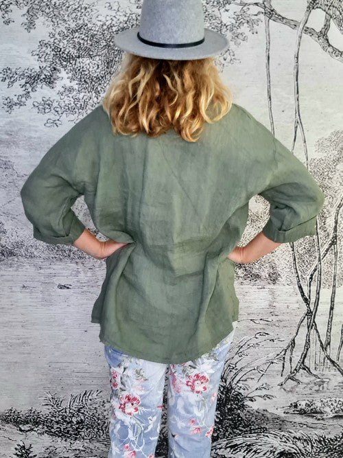 HELGA MAY_MOKU TAB SLEEVE TOP LINEN FOREST _ MOKU TAB SLEEVE TOP LINEN FOREST _ Ebony Boutique NZ