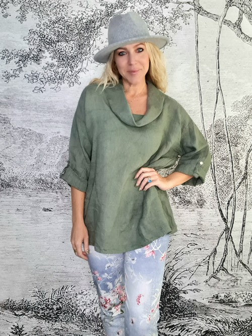 HELGA MAY_MOKU TAB SLEEVE TOP LINEN FOREST _ MOKU TAB SLEEVE TOP LINEN FOREST _ Ebony Boutique NZ