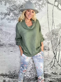 HELGA MAY_MOKU TAB SLEEVE TOP LINEN FOREST _ MOKU TAB SLEEVE TOP LINEN FOREST _ Ebony Boutique NZ