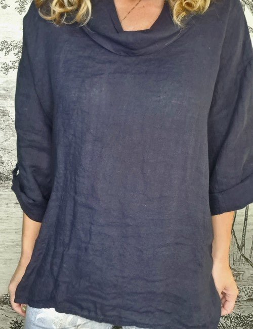 HELGA MAY_MOKU TAB SLEEVE TOP LINEN NAVY _ MOKU TAB SLEEVE TOP LINEN NAVY _ Ebony Boutique NZ