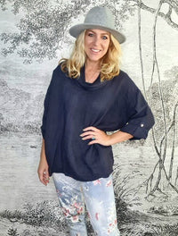 HELGA MAY_MOKU TAB SLEEVE TOP LINEN NAVY _ MOKU TAB SLEEVE TOP LINEN NAVY _ Ebony Boutique NZ