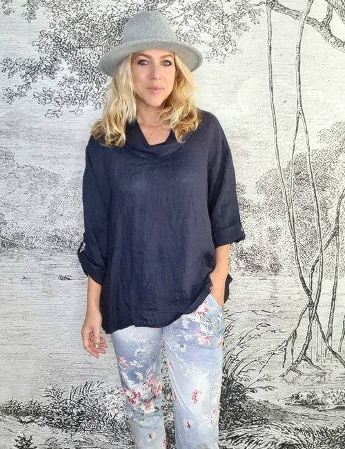 HELGA MAY_MOKU TAB SLEEVE TOP LINEN NAVY _ MOKU TAB SLEEVE TOP LINEN NAVY _ Ebony Boutique NZ