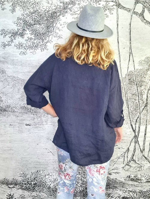 HELGA MAY_MOKU TAB SLEEVE TOP LINEN NAVY _ MOKU TAB SLEEVE TOP LINEN NAVY _ Ebony Boutique NZ