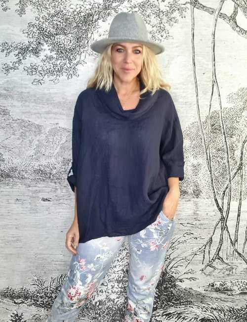 HELGA MAY_MOKU TAB SLEEVE TOP LINEN NAVY _ MOKU TAB SLEEVE TOP LINEN NAVY _ Ebony Boutique NZ