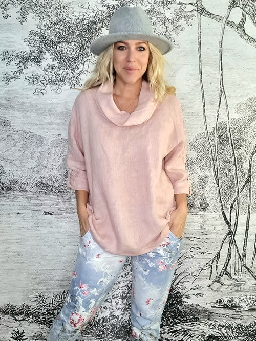 HELGA MAY_MOKU TAB SLEEVE TOP LINEN PINK _ MOKU TAB SLEEVE TOP LINEN PINK _ Ebony Boutique NZ