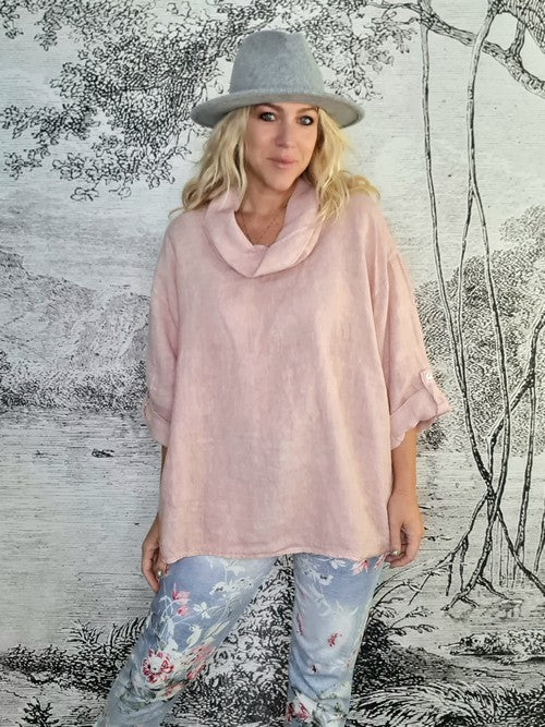 HELGA MAY_MOKU TAB SLEEVE TOP LINEN PINK _ MOKU TAB SLEEVE TOP LINEN PINK _ Ebony Boutique NZ