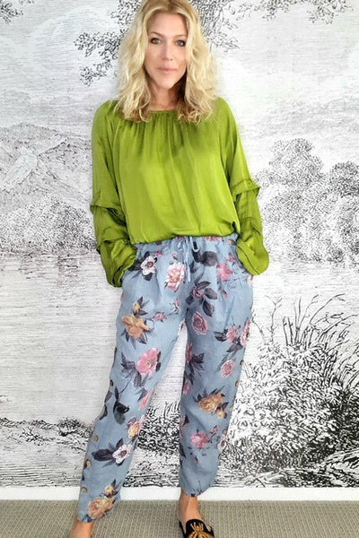 HELGA MAY_MULTI BUTTON LINEN PANT ICE ROSE PETROL _ MULTI BUTTON LINEN PANT ICE ROSE PETROL _ Ebony Boutique NZ