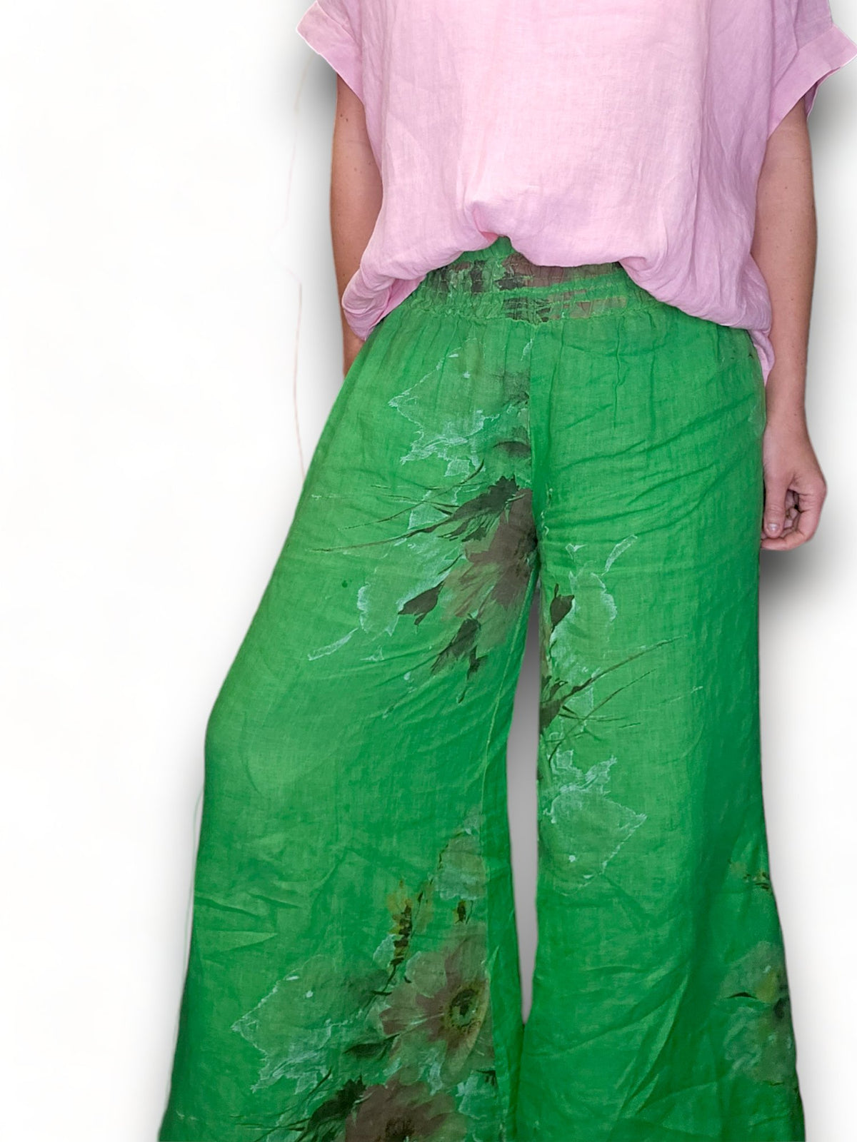 HELGA MAY_PALAZZO PANT LINEN MEADOW BLOOM FRESH GREEN _ PALAZZO PANT LINEN MEADOW BLOOM FRESH GREEN _ Ebony Boutique NZ